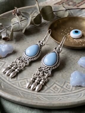 Boho Turkish Zamak Antique Silver Plated Turquoise Dangle Statement Earrings